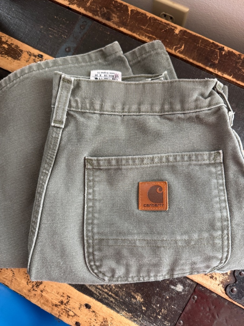 Carhartt Green Canvas Utility Pants with Leather Logo Patch